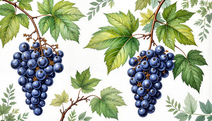 Obraz premium Vibrant blackcurrant vine illustration with lush green leaves, nature's bounty