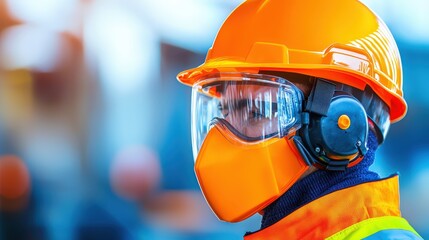 A safety worker in an orange helmet and mask stands ready, exemplifying commitment to safety and protection in a professional environment.