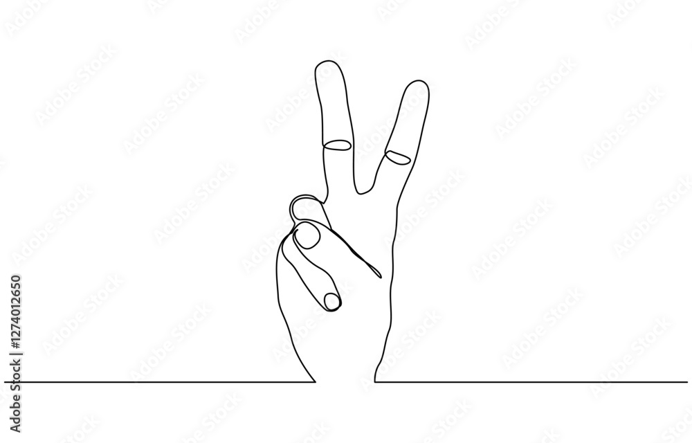 Poster continuous line drawing of index and middle finger, human hand raised index and middle fingers - one