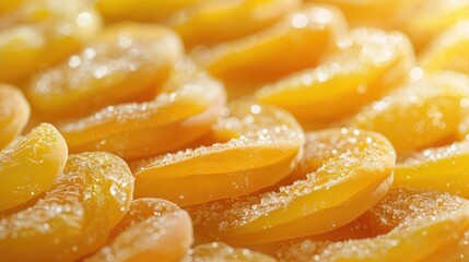 Close-up of glistening, sugared yellow fruit slices.