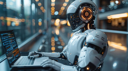 AI Artificial Intelligence technology for data analysis, research, planning, and work generate. Man uses a laptop and AI assistant dashboard.