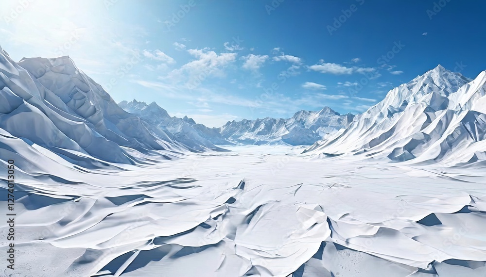 Poster a snowy mountain range with a large, empty valley in between