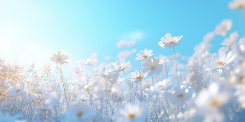 Naklejka premium A vibrant, cinematic shot of pure white daisies against a bright blue sky, with the camera capturing a slight movement