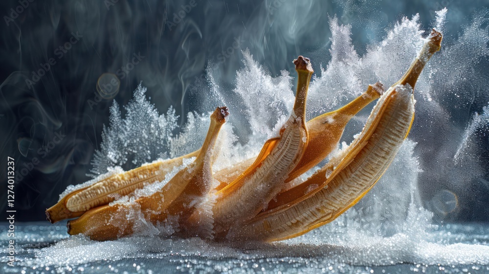 Poster a dynamic image of bananas surrounded by a cloud of sugar, creating an artistic effect.