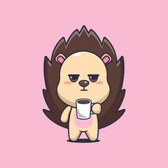 hedgehog mascot cartoon character vector illustration is tired and sleepy holding coffee