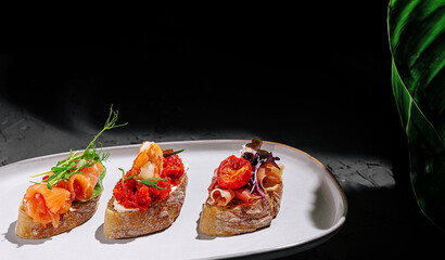 Delicious gourmet bruschetta assortment on a stylish plate
