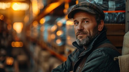 Fototapeta premium Confident mature male engineer standing by pallet truck and looking at camera while standing against packed spare parts.
