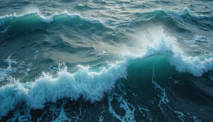 Illustration of turquoise sea waves in ocean. Blue water, white foam, storm weather. Powerful aquatic nature with scenic seascape. Risky arctic adventure at sea. Nordic wilderness. Norge travel