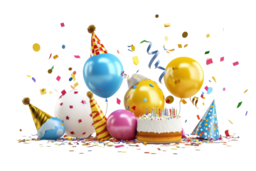 Joyful birthday celebration with colorful balloons, confetti, and a delicious cake on display isolated on transparent background