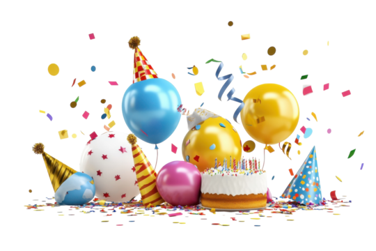 Joyful birthday celebration with colorful balloons, confetti, and a delicious cake on display isolated on transparent background