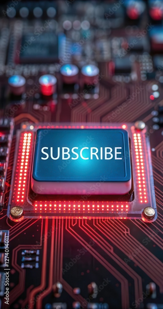 Poster illuminated subscribe button on vibrant circuit board with glowing lights. generative ai