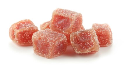 A pile of sugar-coated gummy candies in a vibrant pink hue.