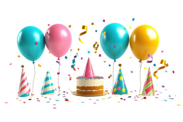 Festive celebration with colorful balloons, party hats, and a delicious cake surrounded by confetti isolated on transparent background