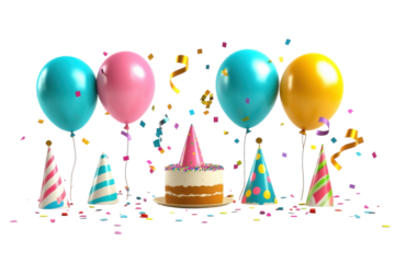 Festive celebration with colorful balloons, party hats, and a delicious cake surrounded by confetti isolated on transparent background
