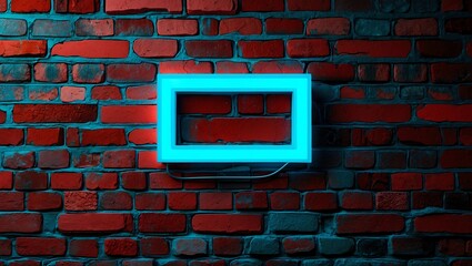 blue neon light on a brick wall at night 