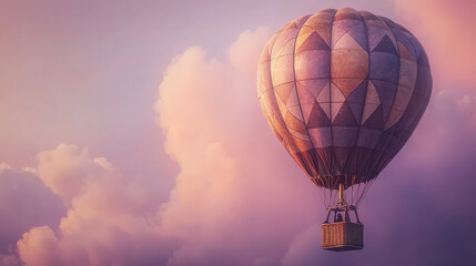 Fototapeta premium A hot air balloon with abstract geometric patterns in earthy tones, floating in a calm lavender sky