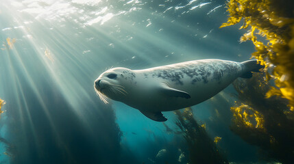 Obraz premium graceful seal glides through sunlit ocean depths