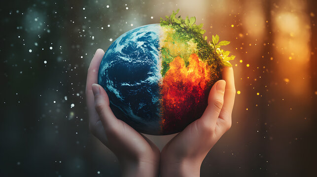 Hands cradle Earth, divided between fire and life