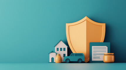 Minimalist depiction of shield, car, house, and documents representing security, house and car insurance concepts.