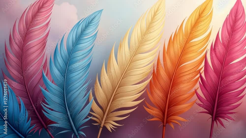 Poster a colorful feather with a blue tip. the feather is in the middle of a group of feathers