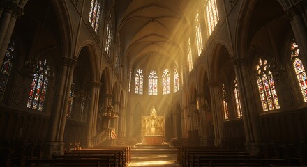 Fototapeta premium Christianity Church Interior Golden Light - Religious Architecture