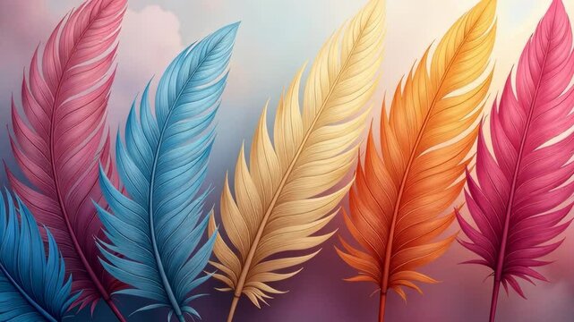 A colorful feather with a blue tip. The feather is in the middle of a group of feathers