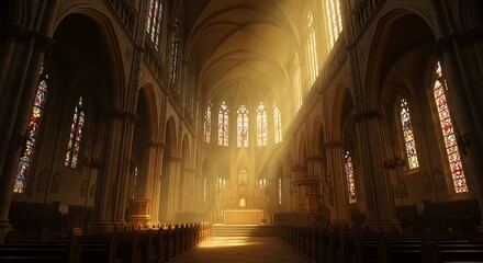 Obraz premium Christianity Church Interior Golden Light - Religious Architecture