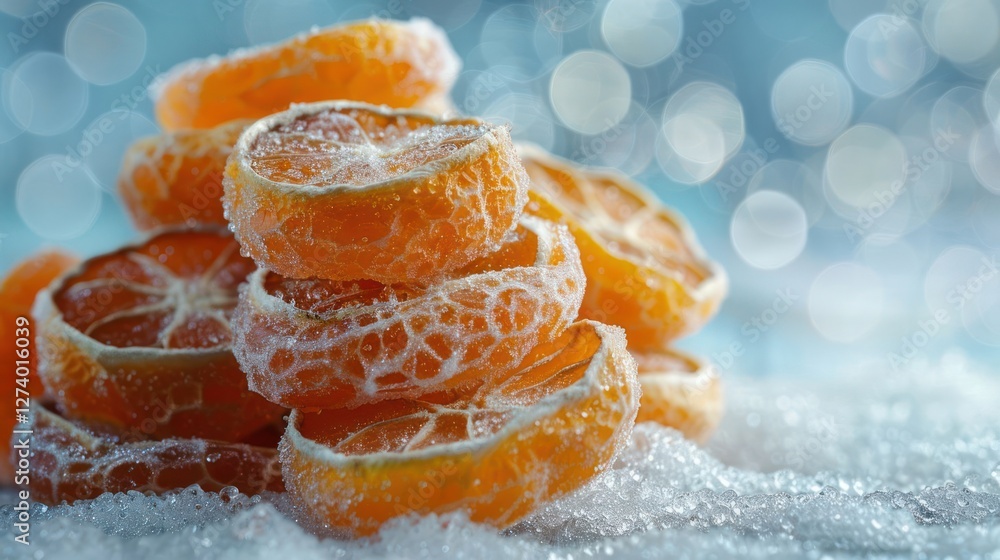 Aufkleber a stack of frosted orange slices on a snowy surface with a blurred background.