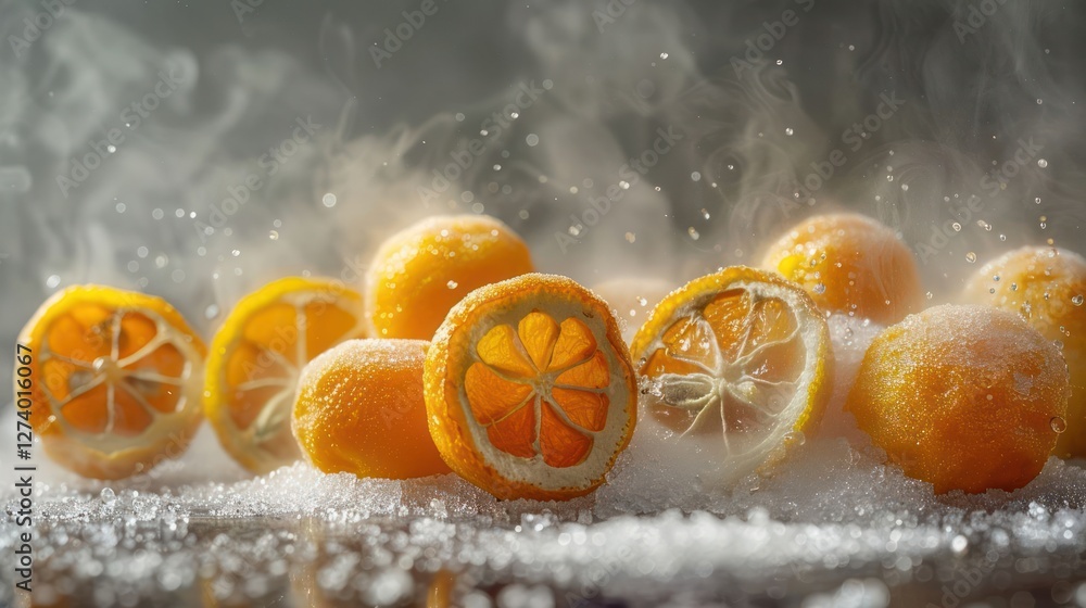 Aufkleber a visually striking arrangement of frozen oranges, creating a refreshing and appetizing scene.