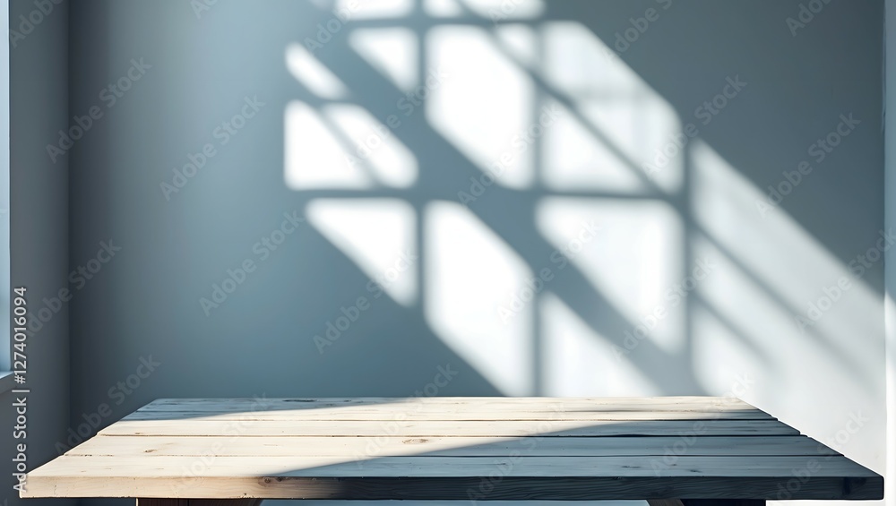 Aufkleber empty table top for product presentation with wall in background and light from window