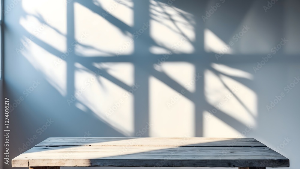 Aufkleber empty table top for product presentation with wall in background and light from window