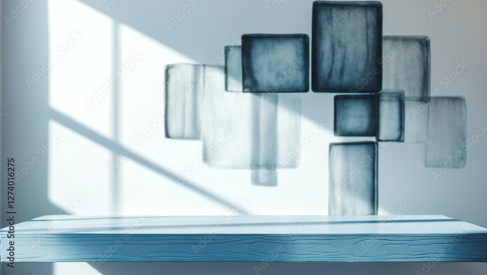 Aufkleber empty table top for product presentation with wall in background and light from window