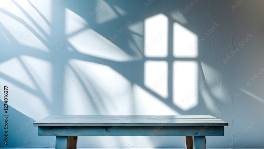 Aufkleber empty table top for product presentation with wall in background and light from window