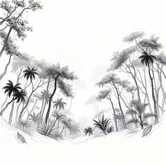  Monochrome jungle landscape illustration with palm trees