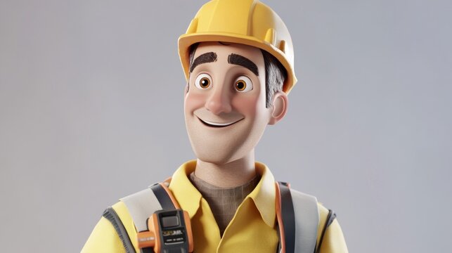 Happy cartoon electrician, safety gear, studio background, website avatar