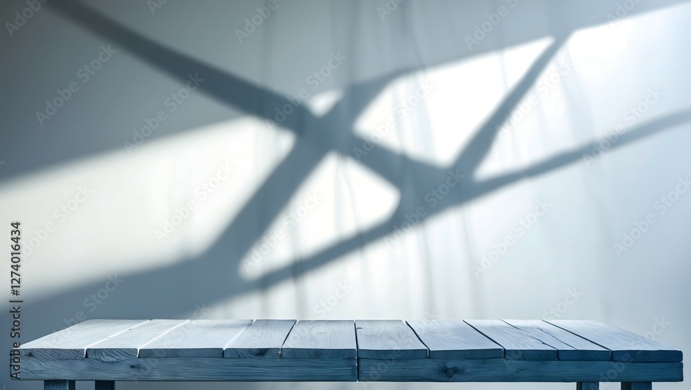 Aufkleber empty table top for product presentation with wall in background and light from window