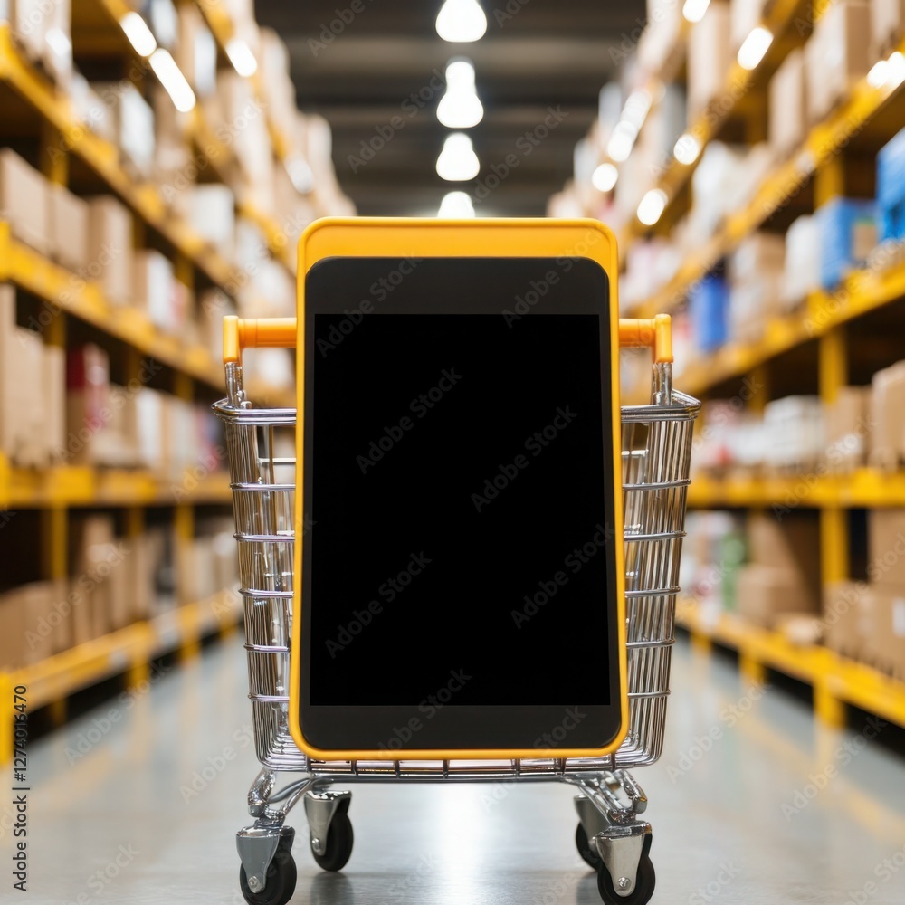Poster shopping cart with tablet device inside a modern warehouse storage environment filled with boxes and
