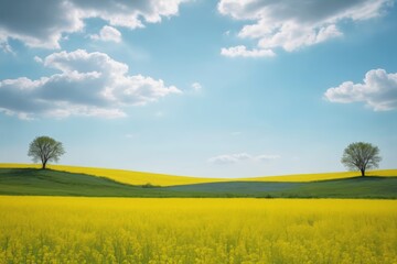 Fototapeta premium there are two trees in the middle of a field of yellow flowers