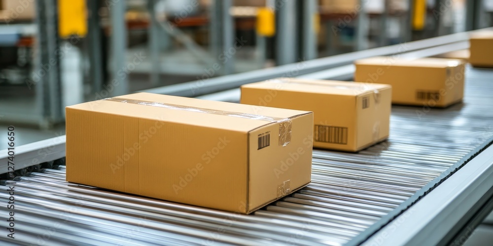 Aufkleber cardboard boxes moving on automated conveyor belt system, sorting center transshipment storage