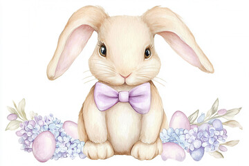 A cute, cartoon-style rabbit with a lavender bow, surrounded by pastel flowers and eggs, perfect for Easter themes.