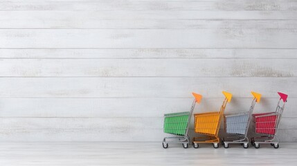Colorful shopping carts aligned against a white wooden wall in a minimalistic modern setting showcasing retail and consumerism concepts