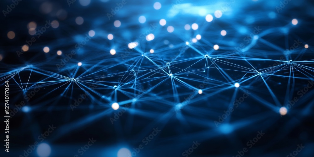 Poster abstract blue network connection. digital technology, cyberspace structure with nodes and lines.