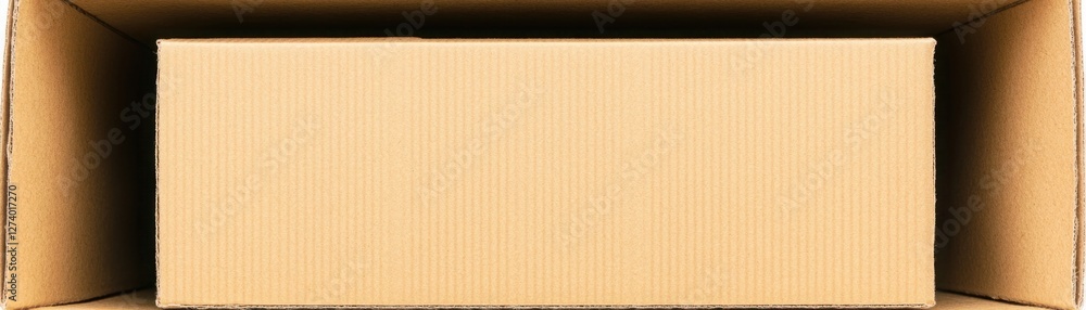 Poster close-up view of an empty cardboard box from above with flaps open, highlighting textured surface an