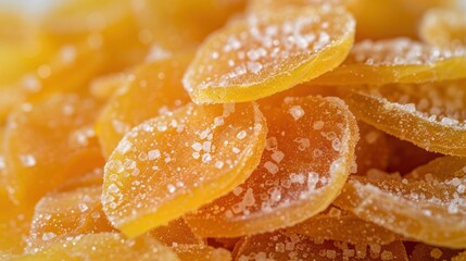 A close-up of golden, sugar-coated dried fruit slices.