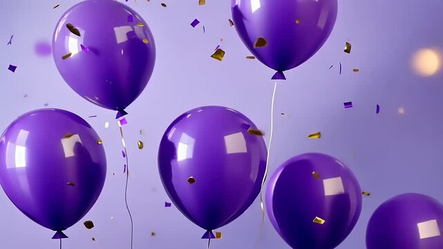 Vibrant purple balloons float against a soft lavender backdrop with golden confetti cascading down