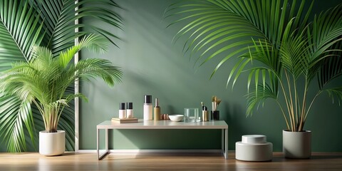 Minimalistic makeup display on natural green wall with tropical palm leaf silhouettes and gray tabletop