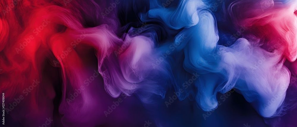 Poster ethereal smoke blend of red and blue creating a mesmerizing abstract art form on dark background