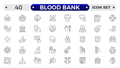Blood Bank outline icon set with blood, donation, plasma, platelets, hemoglobin, apheresis, phlebotomy, transfusion, crossmatch blood bag, hearts, cute blood drop and rh factor.