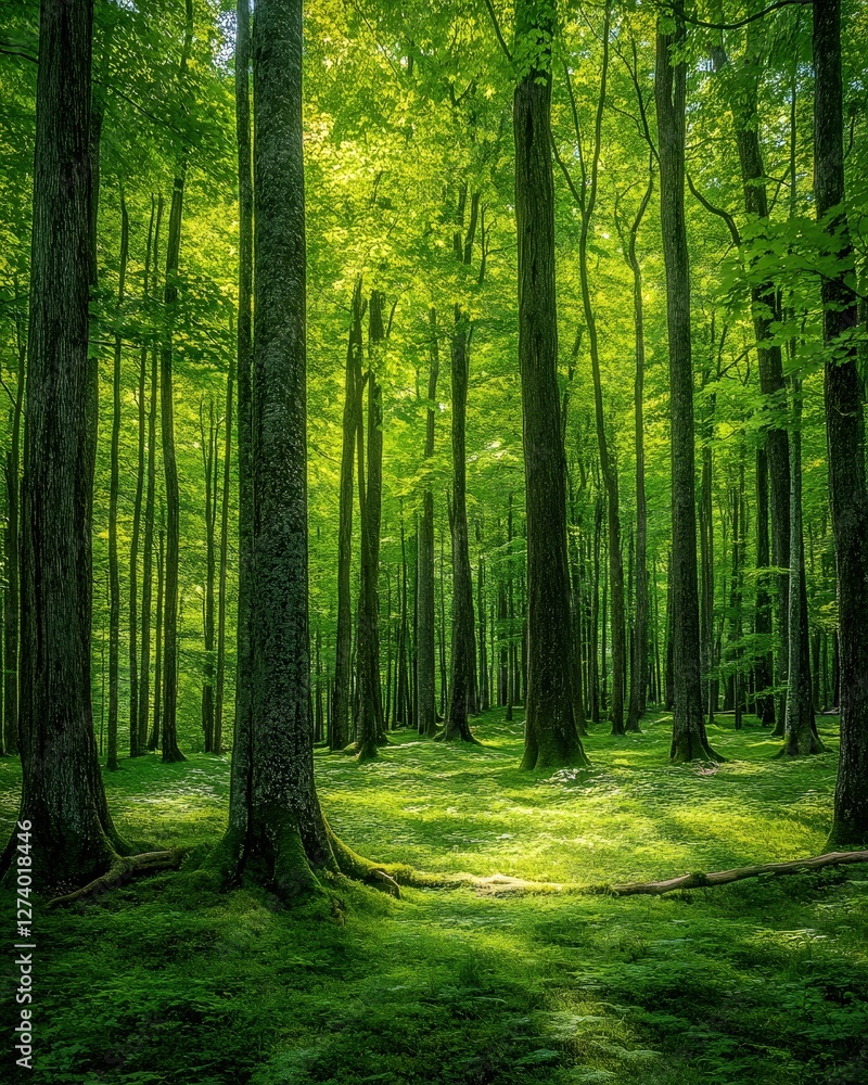 Poster enchanting forest scene with lush greenery and sunlight filtering through tall trees creating sereni