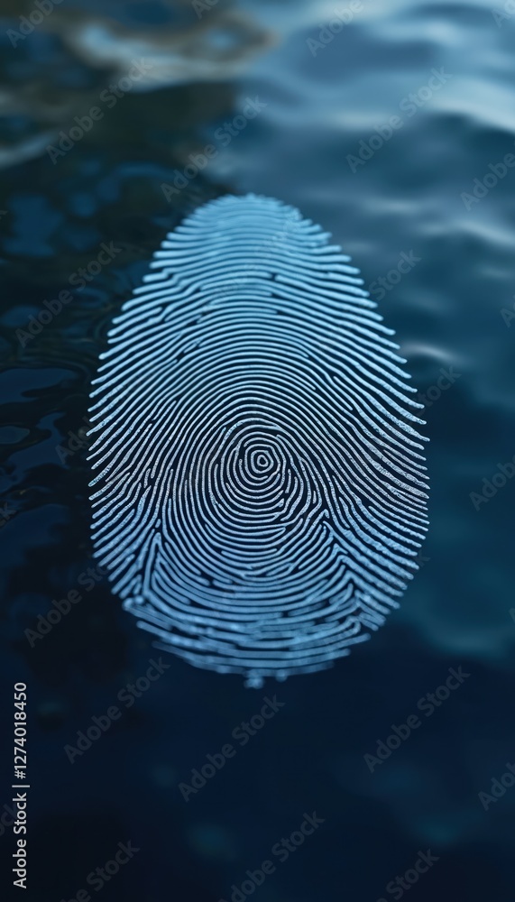 Fototapete A close-up of light blue fingerprint on water wavy dark blue background. Generative AI. Biometric identification, authentication tech concept. Human unique ID verification, access control idea.